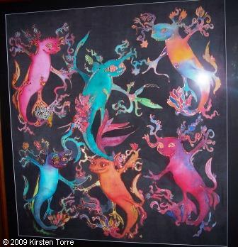 Silk painting of axolotls