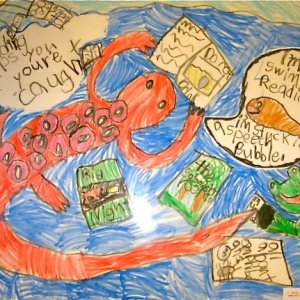 Rango has also been inspiring us.  Here he is starring in my 2nd grader's Birchwood Media Center Poster Contest entry (Grand Prizewinner)
