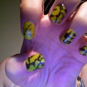 barred tiger sal inspired, one nail says "caudata.org" and has a salamander silhouette