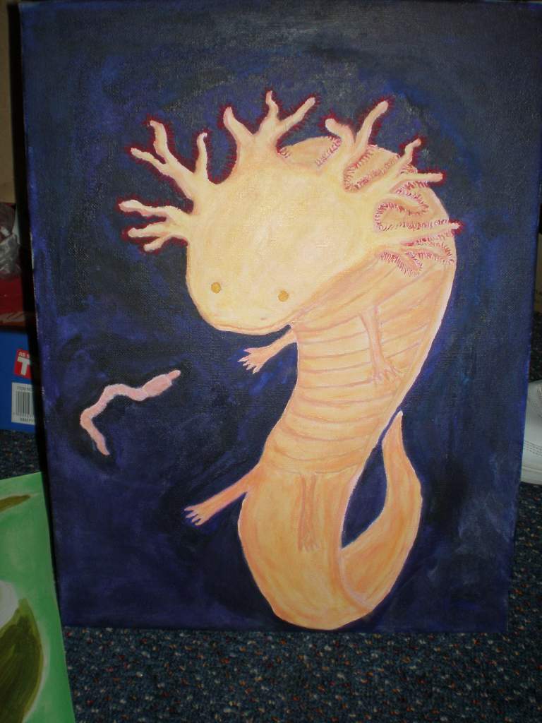 my work in progress, supposed to be a golden albino Axolotl contemplating a worm.
