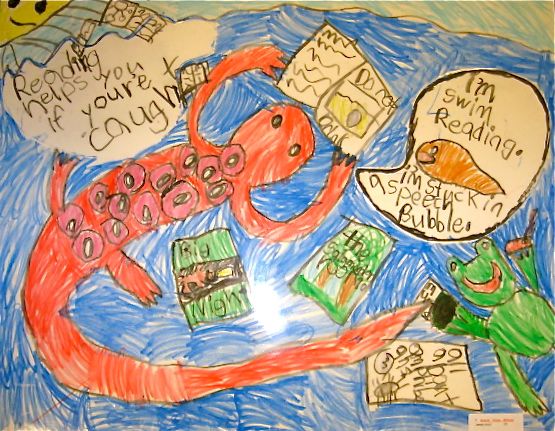 Rango has also been inspiring us.  Here he is starring in my 2nd grader's Birchwood Media Center Poster Contest entry (Grand Prizewinner)