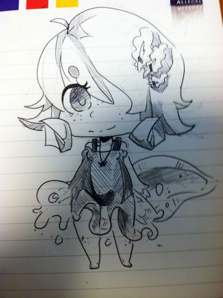 Sketch of a axolotl child. Done at my summer job on 6/23/14 so it's not useable to digitally color but the design still looked cute.